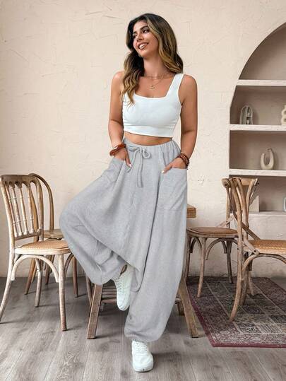Weeklong Plus Size Women Urban Casual Knit Light Gray Pocket Long Harem Pants