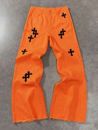 Jeans anchos casuales de hombre con bordado de cruz