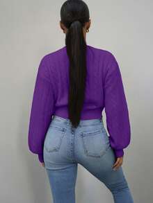 SAYEHFBABY Pulover casual cu mânecă tip felinar, culoare solidă, toamnă - Violet - Vizualizare 2