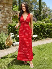 KARISMINA 女士时尚休闲度假波点印花V领连衣裙，红色波点情人节连衣裙 - 紅白色 - 查看 5