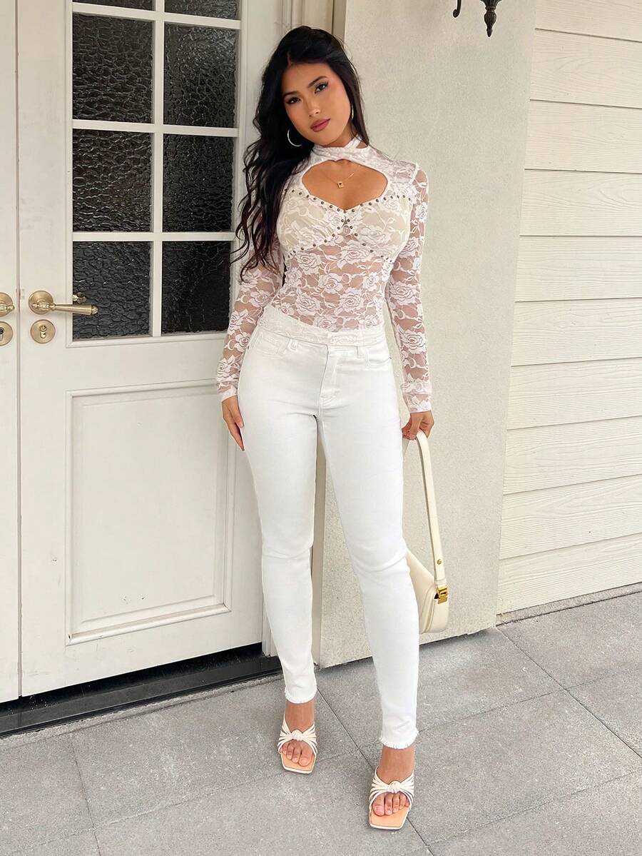 SHEIN PETITE 女士时尚百搭纯色修身牛仔裤 - 白色 - 查看 1