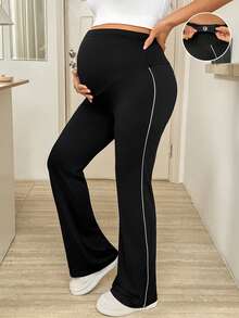 SHEIN 孕妇撞色滚边高腰优雅修身裤 - 黑色 - 查看 5