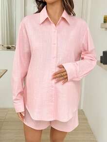 SHEIN 2pcs Maternity Casual Solid Color Shirt & Shorts Set 2 Piece Linen Sets Woman Linen Outfit Co Ords Sets Women Pink Shirt Women 100 Cotton Women Clothing Valentine's Day - Pink - View 8