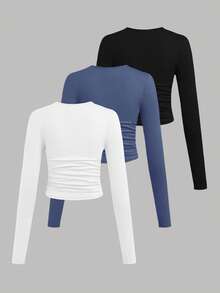 SHEIN Girlism 3件套少女纯色圆领褶饰长袖T恤 - 藏蓝色 - 查看 2