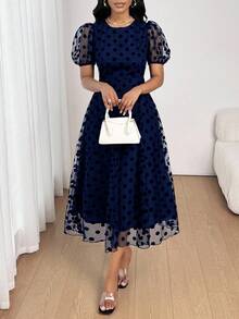 SHEIN Lady Đầm midi chấm bi cổ tròn tay bồng eo cho nữ, thời trang và thanh lịch - Màu xanh hải quân - Xem 5