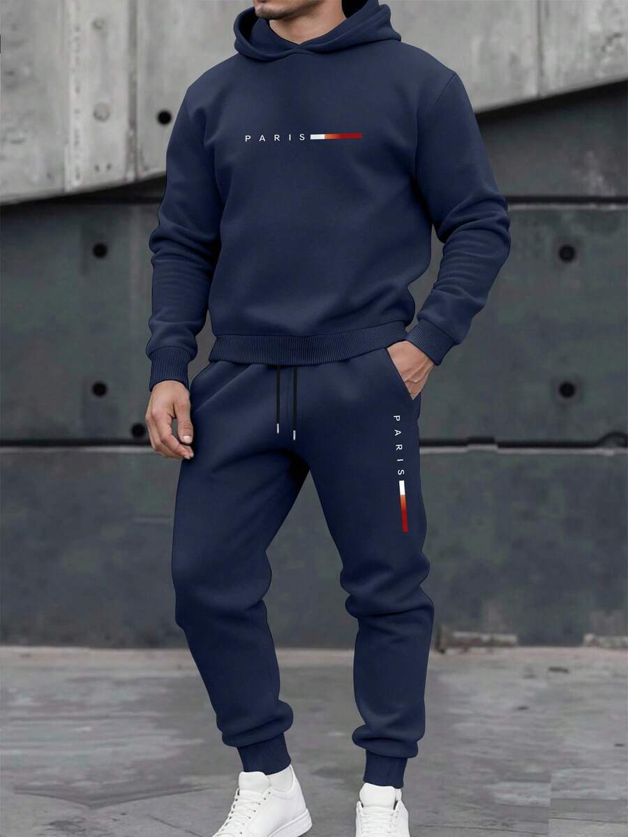 Manfinity Homme 2pcs Men Paris Slogan Graphic Print Casual Sweatshirt And Sweatpants Set, Fall/Winter Men Clothes - Navy Blue - View 1