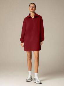 Hanevo Autumn/Winter New Casual Street Minimalist Commute Lazy Back To School High Collar Zipper Half-Open Hem Pullover Long Sleeve H-Shaped Loose Sweatshirt & Women Shorts Dress Set - Burgundy - View 4