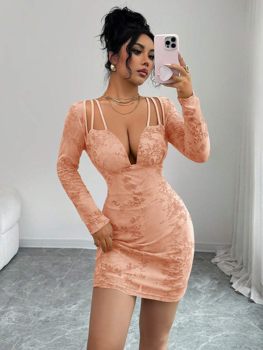 Modelyn 性感网纱提花镂空长袖女式连衣裙 - 粉色 - 查看 1
