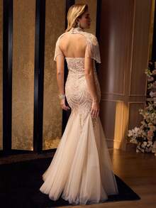 MOTF Soiréza WOMEN'S DETACHABLE MOCK COLLAR TASSEL SHAWL & FLOOR-LENGTH PARTY GOWN TWO PIECES SET – DIAMOND-ACCENTED PLUNGING NECKLINE, LUXURIOUS BEADED FABRIC & SHEER TULLE MERMAID DRESS WITH FRONT CUTOUT, FORM-FITTING SILHOUETTE FOR GALAS, WEDDINGS & RED CARPET | PAIR WITH STRAPPY HEELS & DELICATE JEWELRY - Champagne - View 7