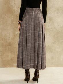 Florisole 女士优雅通勤斜纹格纹百褶裙 - 棕色 - 查看 2