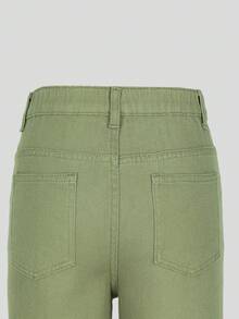SHEIN Denimly 女童休闲简约学院风水洗牛仔松紧腰拉链裤脚七分牛仔裤 - 綠色 - 查看 4