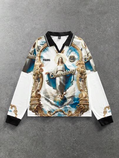 Maglietta scollo a V da uomo con stampa d'arte religiosa barocca vintage