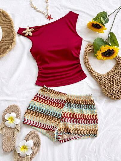 Soleia Nuevo conjunto informal de 2 piezas para mujer con hombro asimétrico, textura esponjosa, estampado floral y espalda descubierta, ideal para vacaciones, boda, graduación, Día de San Patricio, primavera, festivales de música, elegante estilo boho tropical