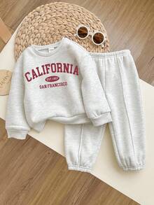 SHEIN 女婴可爱灰色字母印花长袖卫衣裤套装，秋冬款 - 彩色 - 查看 3