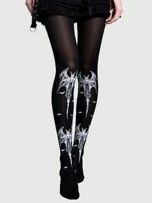 ROMWE Goth 1 par de medias con estampado escocés oscuro y estampado de leopardo, estilo gótico - Negro grande 1 - Ver 2