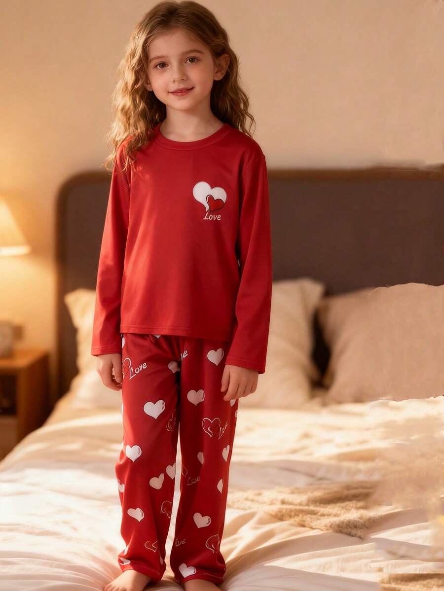 Mädchen Herz Muster Rundhals Lässig Langarm Pyjama Set - Bordeaux - Übersicht 1