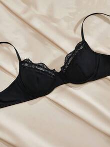 Charlaine Lace Patchwork Comfortable Breathable Wire-Free Women Solid Color Sexy Lingerie - Black - View 3
