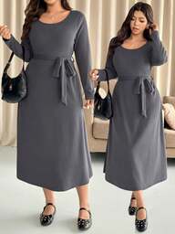 Vionelle Plus Size Women's French Style Casual Elegant Round Neck Long Sleeve Dress, Autumn/Winter