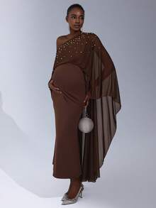 Cheriluna Maternity 纯色串珠长款网纱披肩美人鱼下摆孕妇写真裙 - 棕色 - 查看 4