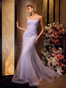 MOTF PREMIUM PURPLE MESH PATCHWORK EMBROIDERED LACE UP BACKLESS EVENING DRESS - Purple - View 8