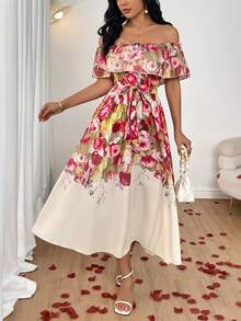 SHEIN Raffinéa Vestido de festa/coquetel elegante, romântico e luxuoso com ombros à mostra, cintura marcada e barra evasê. Ideal para mulheres.