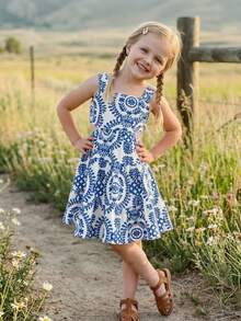 Emery Rose Kids Emery Rose Kids Young Girl Blue Totem Print Detachable Bow Decor Dress, Fashionable Design Suitable For Outdoor Vacation Blue And White Floral Dress Girls Open Back Dress For Kids Twirl Dress Girls Tween Blue And White Dress