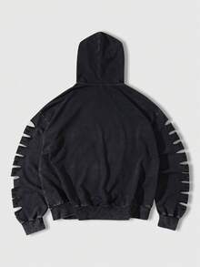 ROMWE MEN Men's Casual Letter Print Distressed Hoodie - Black - View 2