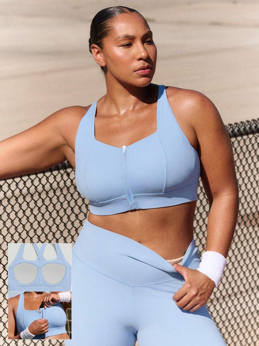 GLOWMODE OptiDry Plus Size  Win Soft Stretchy Built-In Cups Square Neck Front Zipper Crossover Back Sports Bra Medium Impact Training Running Gym Workout Daily Active Wear Valentine's Day Spring Summer - Baby Blue - View 1