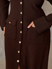 Roveilla Plus Size Chocolate Brown Rib-Knit Midi Dress For Women Casual Round Neck A Line Extra-Long Sleeve Button Up Design - Chocolate Brown - View 6