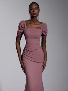 Elitara Elegant Lotus Pink Chiffon Off Shoulder Ruffle Front Slim Fit Fishtail Dress, Suitable For Dates, Vacations, Singles Parties, Weddings, Bridesmaid - Dusty Pink - View 2