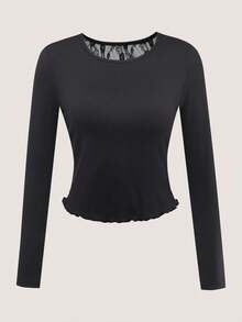 Seusyu Women's Comfortable Contrast Lace Twist Design Long Sleeve Fashionable Blouse - Black - View 3