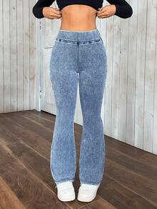 SHEIN PETITE 女士弹力腰带休闲百搭喇叭牛仔裤 - 藍色 - 查看 9