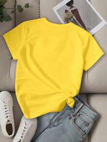EMERY ROSE Camiseta casual de manga corta con estampado de lema y gráfico de LOS ANGELES para mujer - Amarillo - Ver 2