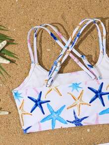 Conjunto de bikini para niñas preadolescentes, traje de baño de 2 piezas con tirantes cruzados y estampado de estrella de mar, adecuado para la playa y fiestas en la piscina - Celeste - Ver 5