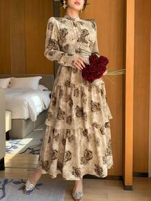DAZY Beige Floral Print Chiffon Midi Dress,Elegant Pleated Waist Casual Autumn Style For Tea Party,Wedding,Christmas,New Year & Spring Fashionable Brown - Apricot - View 2