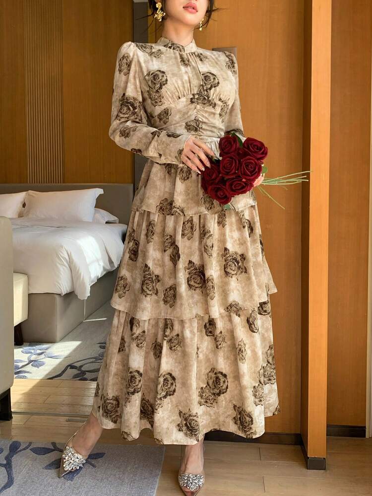 Fashionable Brown Floral Print Pleated Waist Casual Elegant Chiffon Midi Dress, Suitable For Spring, Summer, Autumn, New Year, Christmas, Wedding, Party