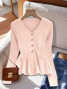 Elegant Chic Minimalistisk Ihålig Rund Hals Långärmad Volang Fållficka Metallisk Rosett Knapp Twist Textur Damtröja, Höst/Vinter - Rosa - Visa 4