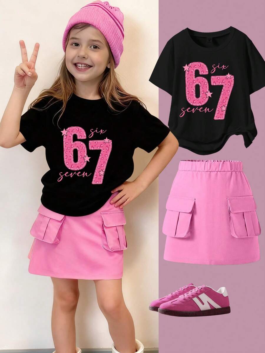 SHEIN Explorewe 两件套休闲时尚春夏女童短袖连衣裙套装，酷炫数字67和豹纹图案，短袖圆领T恤搭配工装裙，舒适的短袖圆领T恤打底裤，适合春夏穿着，时尚休闲，街头风，户外野餐，校园，节日，礼物 - 黑色 - 查看 1