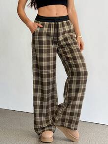 SHEIN Tall Quần ống rộng kẻ caro dáng rộng thoải mái cho nữ - màu nâu - Xem 4