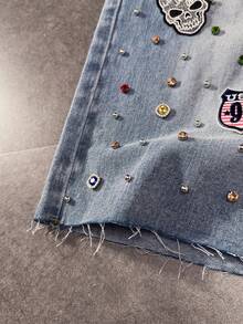 ROMWE MEN 男士水钻装饰贴袋休闲牛仔短裤 - 藍色 - 查看 3