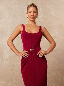 Lumalex Vestido ajustado con cintura fruncida y brillo metálico suave para decoración de primavera temprana, para mujeres, atuendos de vacaciones, cumpleaños, invitada de boda, fiesta de boda, verano, vacaciones en la playa, aspecto de lujo, fiesta de graduación, fiesta, banquete, modesto, fiesta de Al-Adha, festival con capas ricas - Rojo - Ver 8