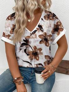 EMERY ROSE Plus Size Women's Fashion Casual Vacation Floral Print V-Neck Batwing Short Sleeve Loose T-Shirt, Summer - Multicolor - View 6