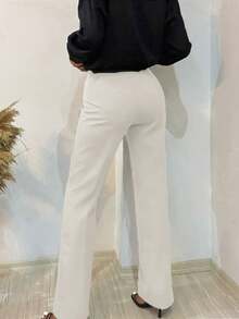 EURMUSE Solid Zipper Fly Straight Leg Trousers - Beige - View 2