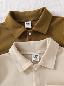 Baby Boys Jumpsuits-Polo Collar Short Sleeve Romper Front Snap Pocket Bear Patch Beige Olive Four Season 2026 New Year Essential Boys Romper Versatile And Comfortable Warm And Cute Style