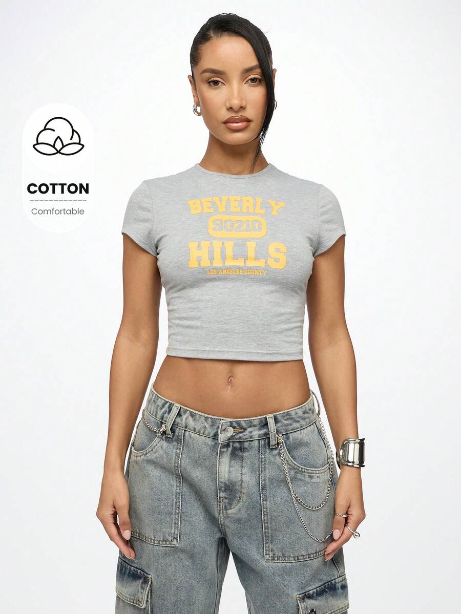 SUMWON WOMEN Áo crop top trẻ em phong cách đường phố cổ điển Beverly Hills 90210 Y2K Fashion Los Angeles County Áo thun ngắn tay mùa hè thường ngày - Xám - Xem 1