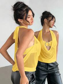 Aloruh Áo hở lưng hở cổ bán trong suốt gợi cảm mới với họa tiết kim loại hiện đại - Màu vàng - Xem 7