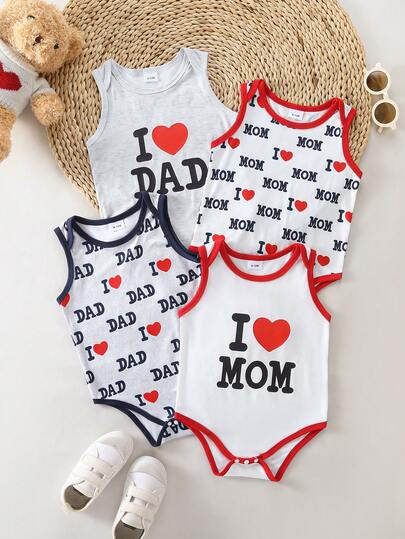 4pcs Baby Boy/Girl Cute Casual Solid Color Knit Round Neck Short Sleeve Bodysuit Set, Suitable For Spring/Summer, Valentine's Day, Father's Day, Mother's Day