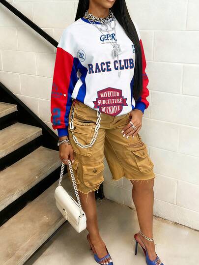 Rovax Women's Casual Colorblock Letter Print Sweatshirt, Autumn/Winter