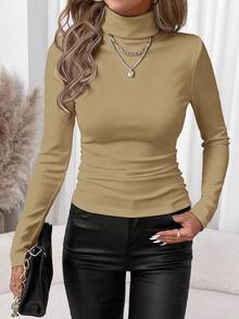 SHEIN Clasi Women's Casual Turtleneck Tight Fit Long Sleeve T-Shirt, Suitable For Autumn/Winter Spring Turtle Neck Women Fitted Tops Women - Khaki - View 6