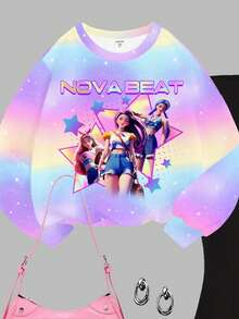 两件套少女休闲时尚街头风针织圆领渐变韩流明星字母印花宽松卫衣搭配修身喇叭裤，返校季、舒适、充满圣诞气息、圣诞礼物、秋冬装 - 彩色 - 查看 4